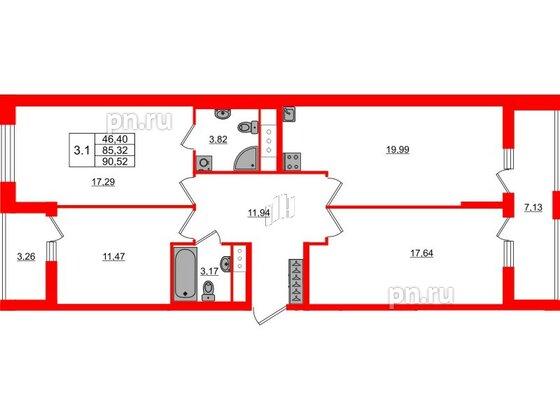 Квартира в ЖК «Город звёзд», 3 комнатная, 85.32 м², 9 этаж