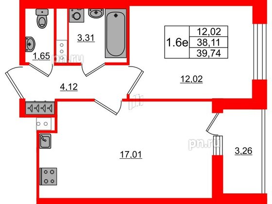 Квартира в ЖК «Город звёзд», 1 комнатная, 38.11 м², 13 этаж