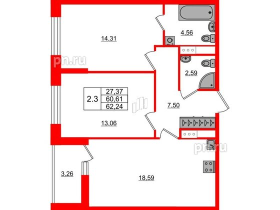 Квартира в ЖК «Город звёзд», 2 комнатная, 60.61 м², 5 этаж