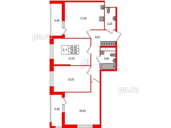 Квартира в ЖК «Город звёзд», 3 комнатная, 76.46 м², 6 этаж