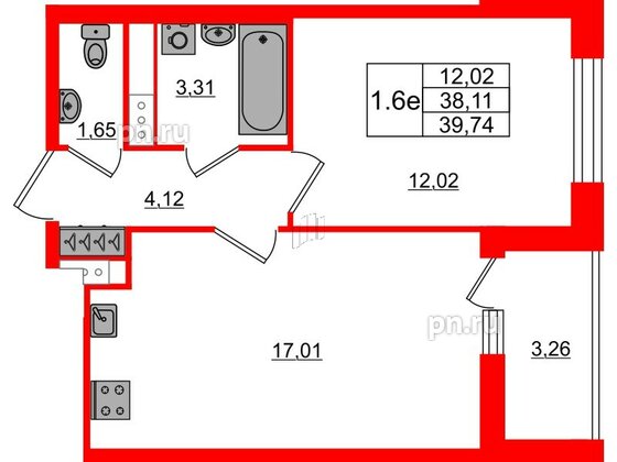 Квартира в ЖК «Город звёзд», 1 комнатная, 38.11 м², 9 этаж