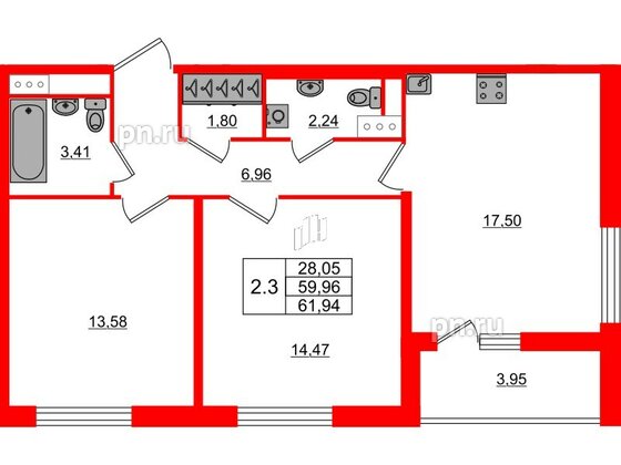 Квартира в ЖК «Город звёзд», 2 комнатная, 59.96 м², 3 этаж