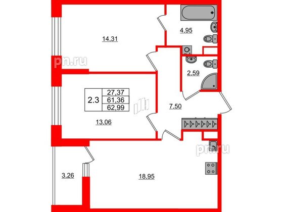 Квартира в ЖК «Город звёзд», 2 комнатная, 61.36 м², 2 этаж
