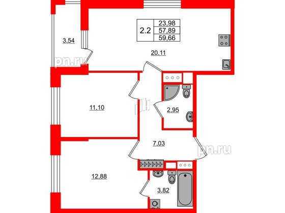 Квартира в ЖК «Город звёзд», 2 комнатная, 57.89 м², 19 этаж