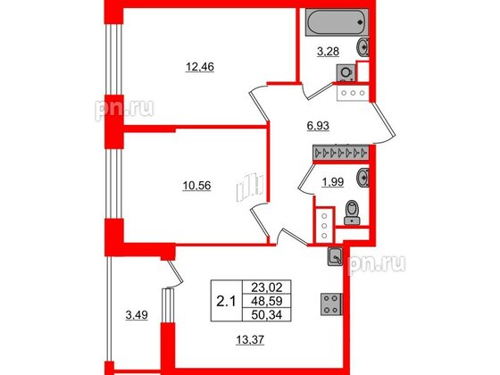 Квартира в ЖК «Город звёзд», 2 комнатная, 48.59 м², 19 этаж