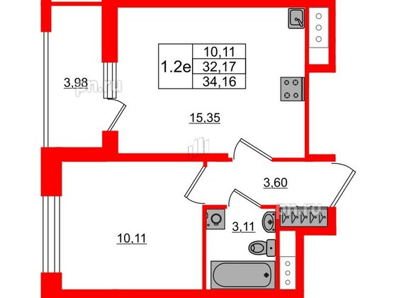 Квартира в ЖК «Город звёзд», 1 комнатная, 32.17 м², 16 этаж