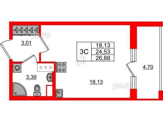 Квартира в ЖК «Город звёзд», студия, 24.53 м², 3 этаж