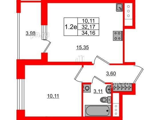 Квартира в ЖК «Город звёзд», 1 комнатная, 32.17 м², 22 этаж