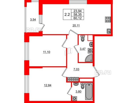 Квартира в ЖК «Город звёзд», 2 комнатная, 58.35 м², 2 этаж