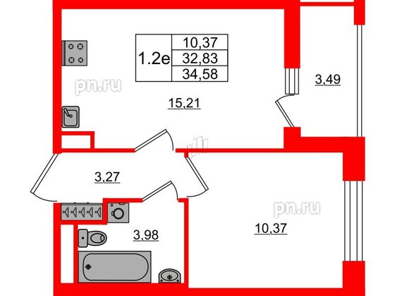 Квартира в ЖК «Город звёзд», 1 комнатная, 32.83 м², 2 этаж