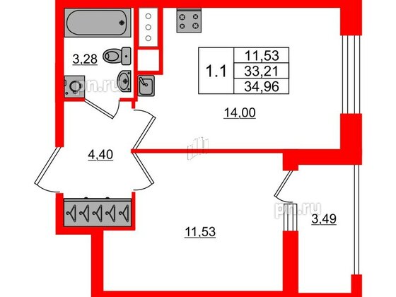 Квартира в ЖК «Город звёзд», 1 комнатная, 33.21 м², 13 этаж