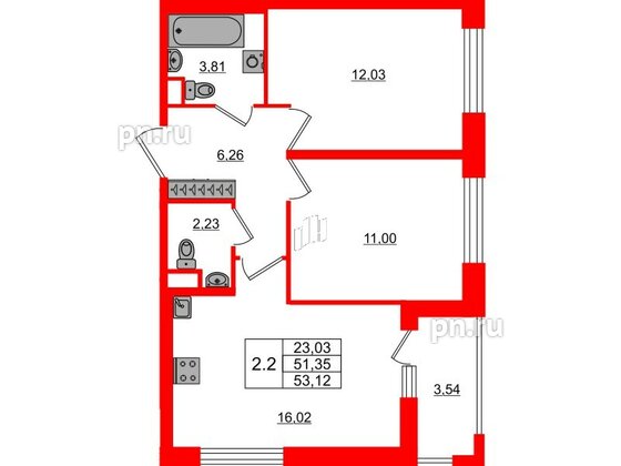 Квартира в ЖК «Город звёзд», 2 комнатная, 51.35 м², 2 этаж