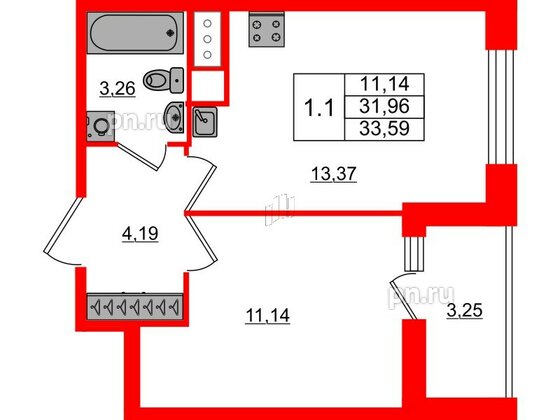 Квартира в ЖК «Город звёзд», 1 комнатная, 31.96 м², 17 этаж