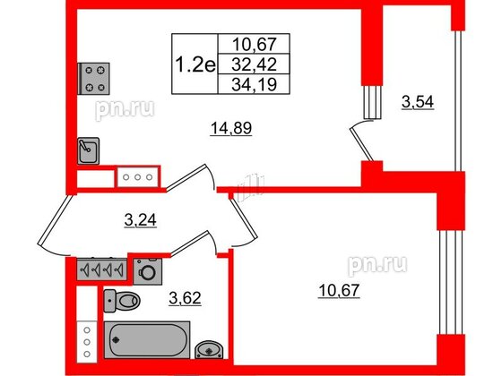 Квартира в ЖК «Город звёзд», 1 комнатная, 32.42 м², 4 этаж