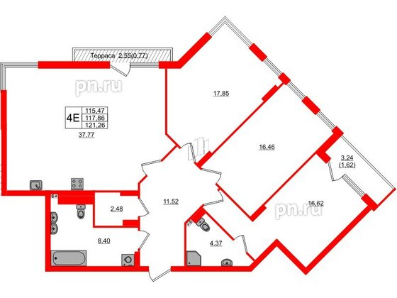 Квартира в ЖК «Расцвет Парк», 3 комнатная, 117.86 м², 2 этаж