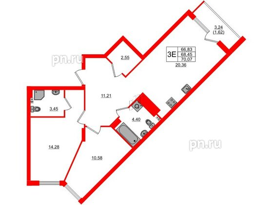 Квартира в ЖК «Расцвет Парк», 2 комнатная, 68.45 м², 2 этаж