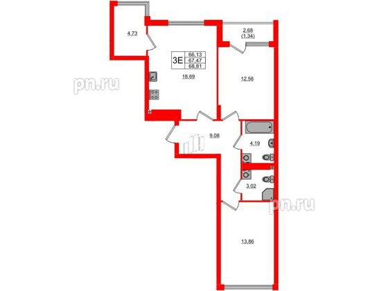 Квартира в ЖК «Расцвет Парк», 2 комнатная, 67.47 м², 2 этаж