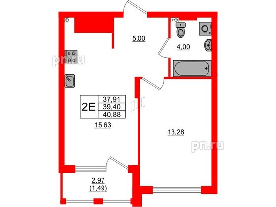 Квартира в ЖК «Расцвет Парк», 1 комнатная, 39.4 м², 2 этаж