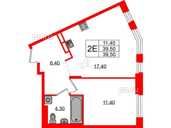 Квартира в ЖК Экография, 1 комнатная, 39.5 м², 3 этаж