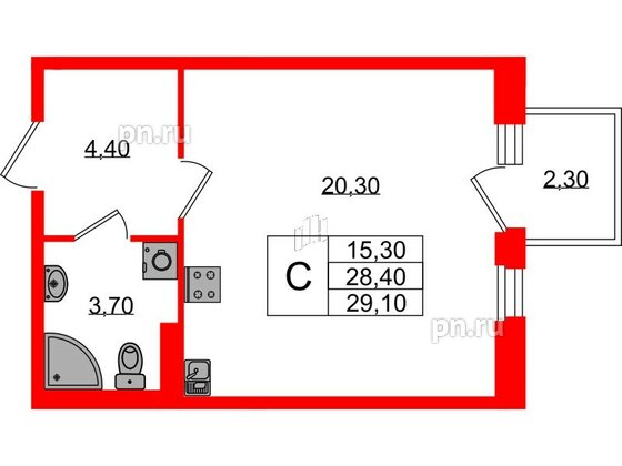 Квартира в ЖК Экография, студия, 29.1 м², 2 этаж