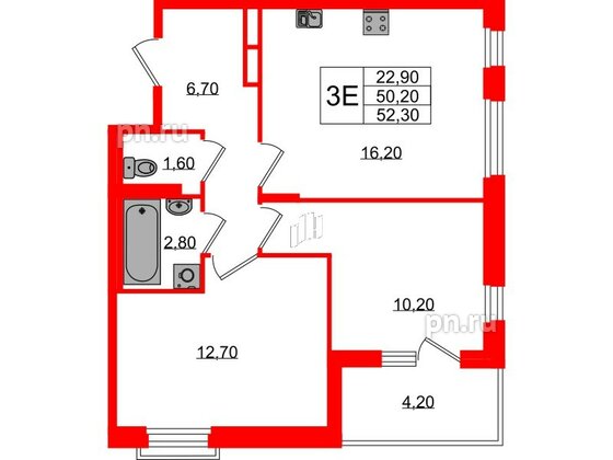 Квартира в ЖК Экография, 2 комнатная, 52.3 м², 3 этаж