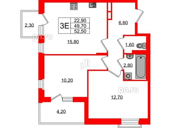 Квартира в ЖК Экография, 2 комнатная, 52.5 м², 2 этаж