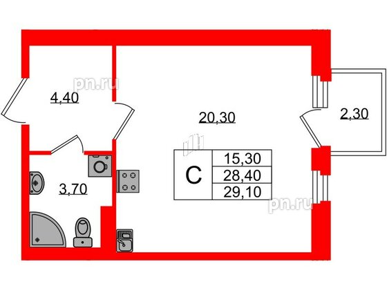 Квартира в ЖК Экография, студия, 29.1 м², 2 этаж