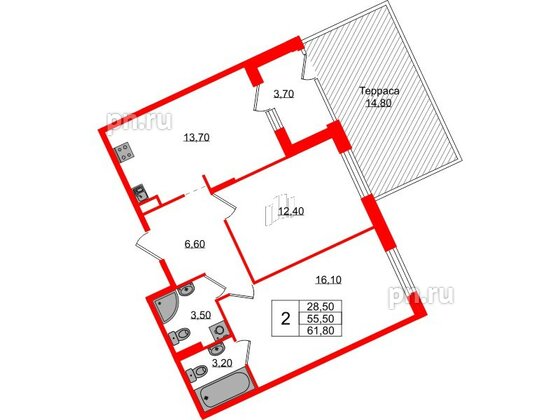 Квартира в ЖК Экография, 2 комнатная, 61.8 м², 1 этаж