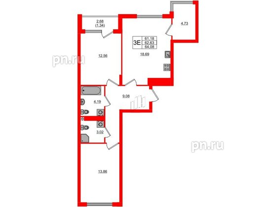 Квартира в ЖК «Расцвет Парк», 2 комнатная, 67.47 м², 2 этаж