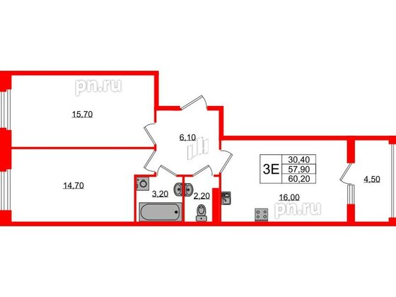 Квартира в ЖК Экография, 2 комнатная, 60.2 м², 2 этаж