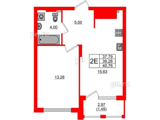 Квартира в ЖК «Расцвет Парк», 1 комнатная, 39.39 м², 2 этаж