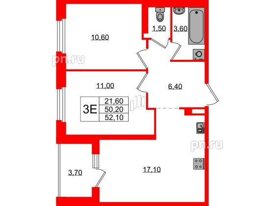 Квартира в ЖК Экография, 2 комнатная, 52.1 м², 2 этаж