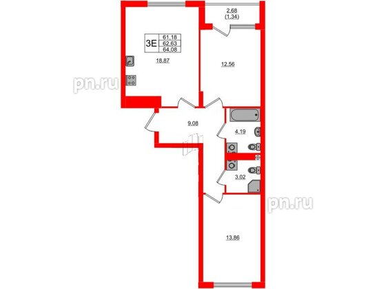 Квартира в ЖК «Расцвет Парк», 2 комнатная, 62.92 м², 3 этаж