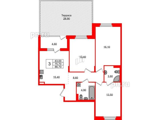 Квартира в ЖК Экография, 3 комнатная, 86.7 м², 1 этаж