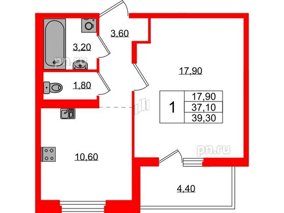 Квартира в ЖК Экография, 1 комнатная, 39.3 м², 3 этаж