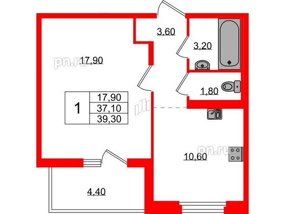 Квартира в ЖК Экография, 1 комнатная, 39.3 м², 3 этаж