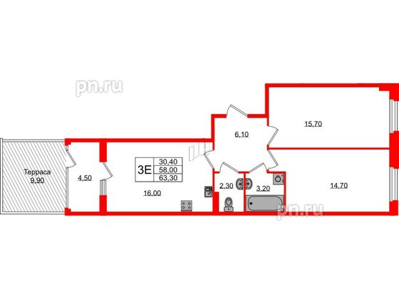 Квартира в ЖК Экография, 2 комнатная, 63.3 м², 1 этаж