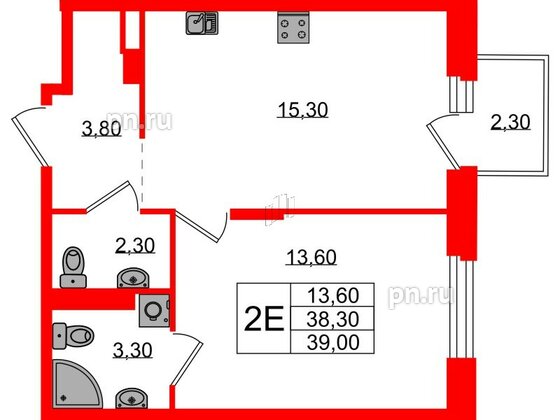 Квартира в ЖК Экография, 1 комнатная, 39 м², 2 этаж