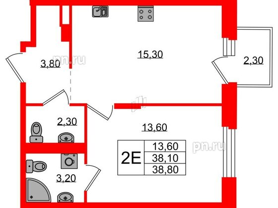 Квартира в ЖК Экография, 1 комнатная, 38.8 м², 3 этаж