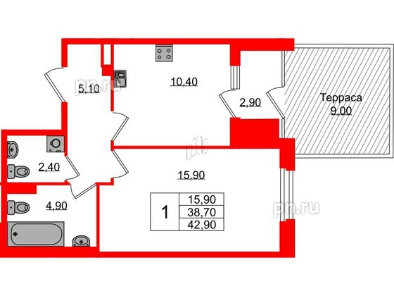 Квартира в ЖК Экография, 1 комнатная, 42.9 м², 1 этаж