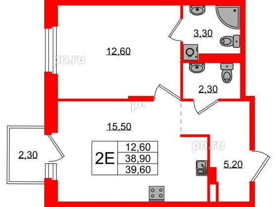 Квартира в ЖК Экография, 1 комнатная, 39.6 м², 2 этаж