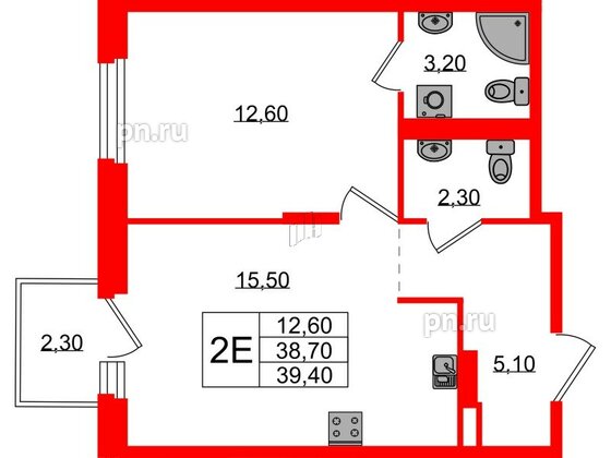 Квартира в ЖК Экография, 1 комнатная, 39.4 м², 3 этаж