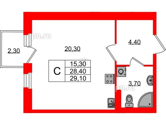 Квартира в ЖК Экография, студия, 29.1 м², 2 этаж