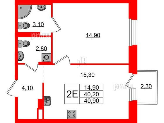 Квартира в ЖК Экография, 1 комнатная, 40.9 м², 2 этаж