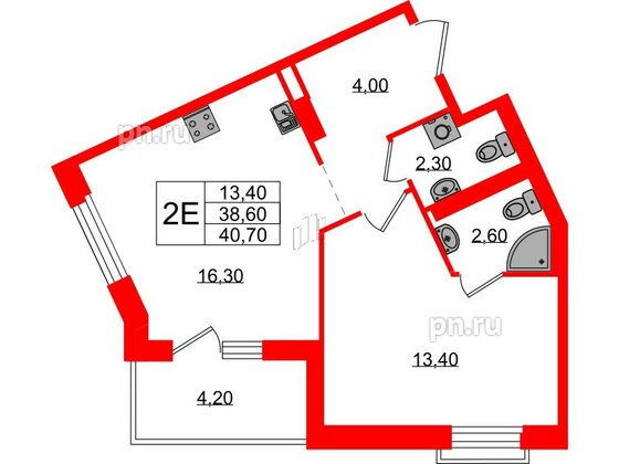 Квартира в ЖК Экография, 1 комнатная, 40.7 м², 3 этаж