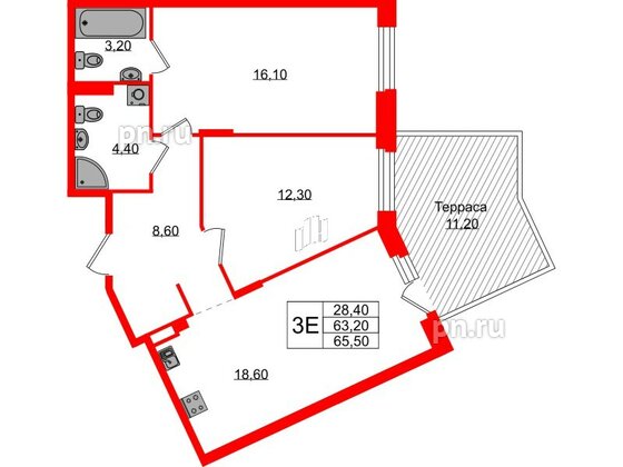 Квартира в ЖК Экография, 2 комнатная, 65.5 м², 1 этаж