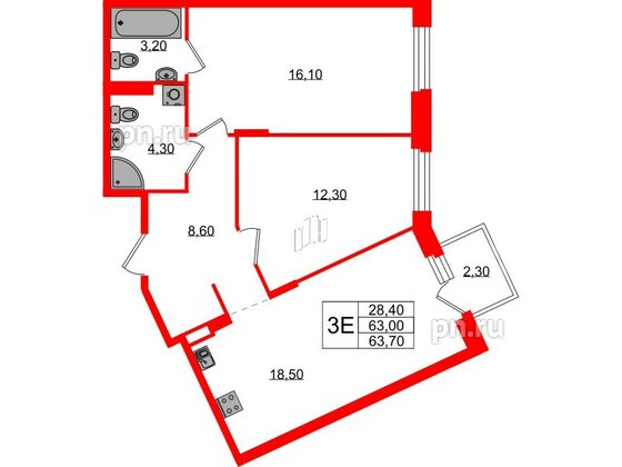 Квартира в ЖК Экография, 2 комнатная, 63.7 м², 2 этаж