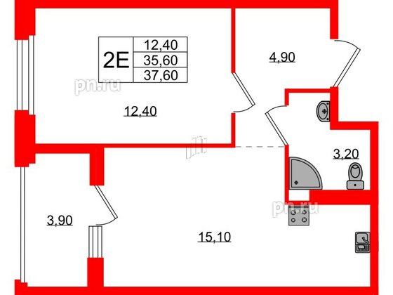 Квартира в ЖК Экография, 1 комнатная, 37.6 м², 2 этаж