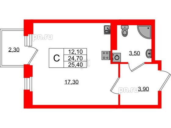 Квартира в ЖК Экография, студия, 25.4 м², 2 этаж