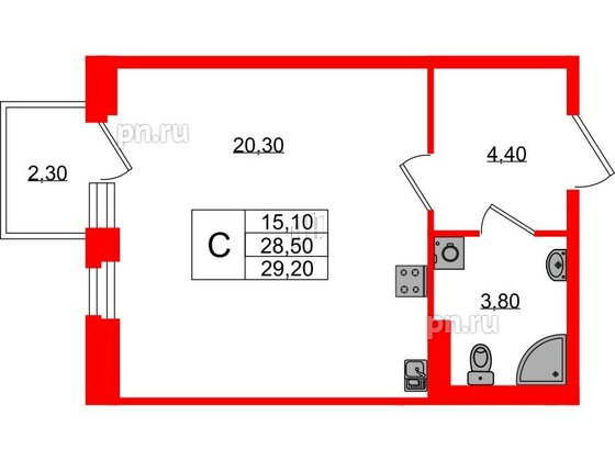 Квартира в ЖК Экография, студия, 29.2 м², 2 этаж